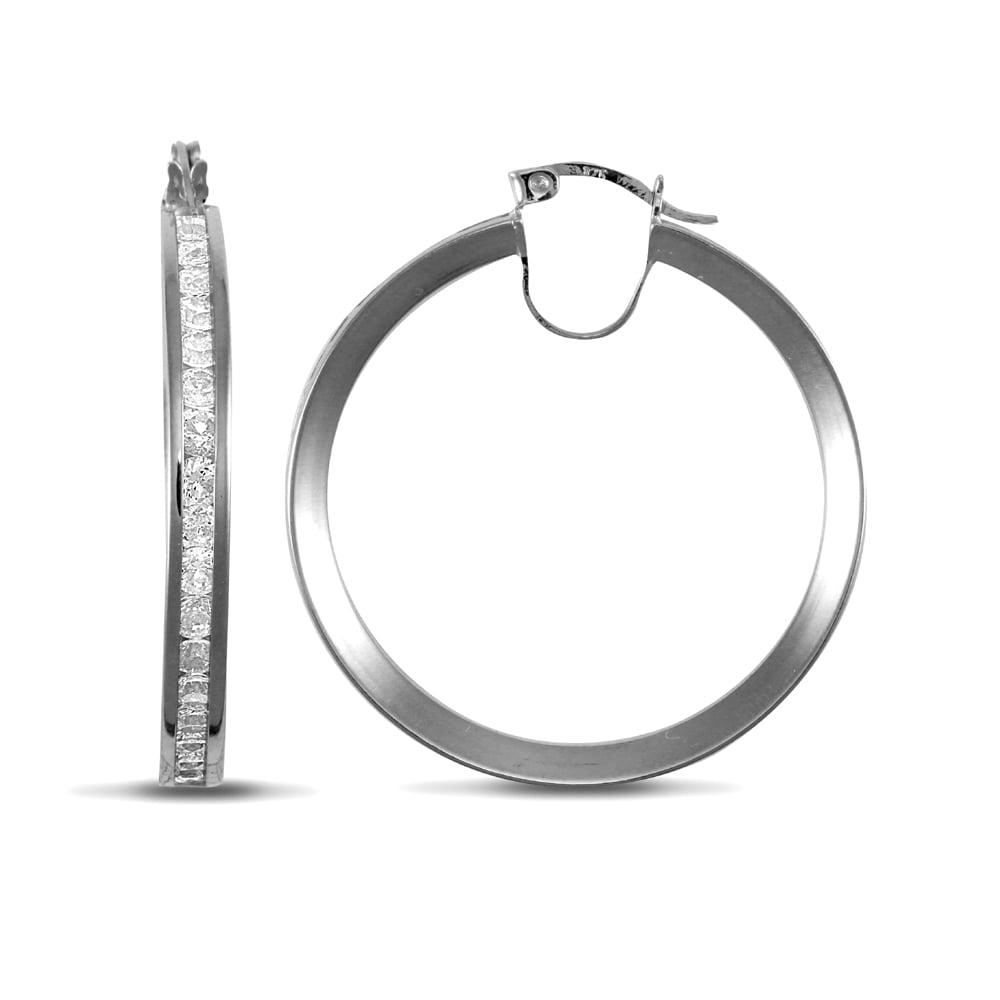 Ladies 9ct White Gold White Round Brilliant Cubic Zirconia Eternity 4mm Hoop Earrings 35mm