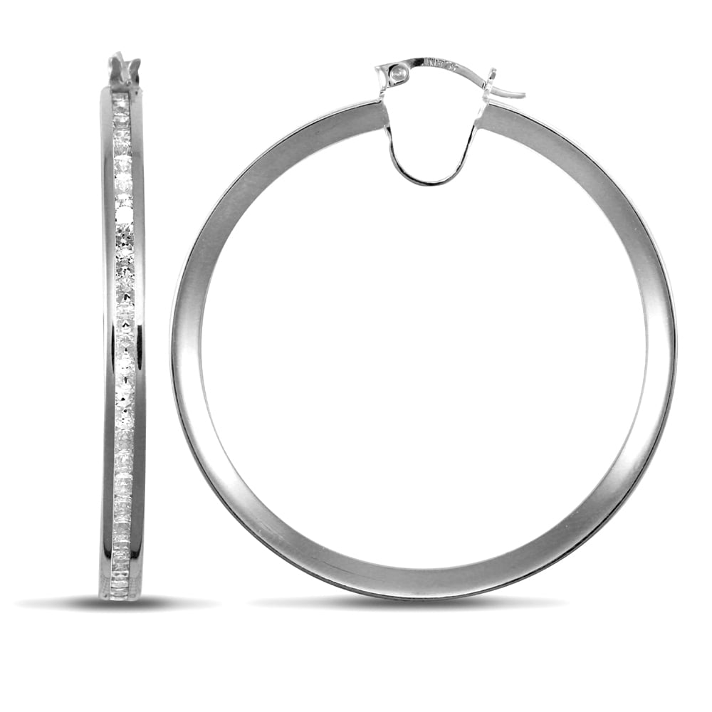Ladies 9ct White Gold White Round Brilliant Cubic Zirconia Eternity 4mm Hoop Earrings 47mm