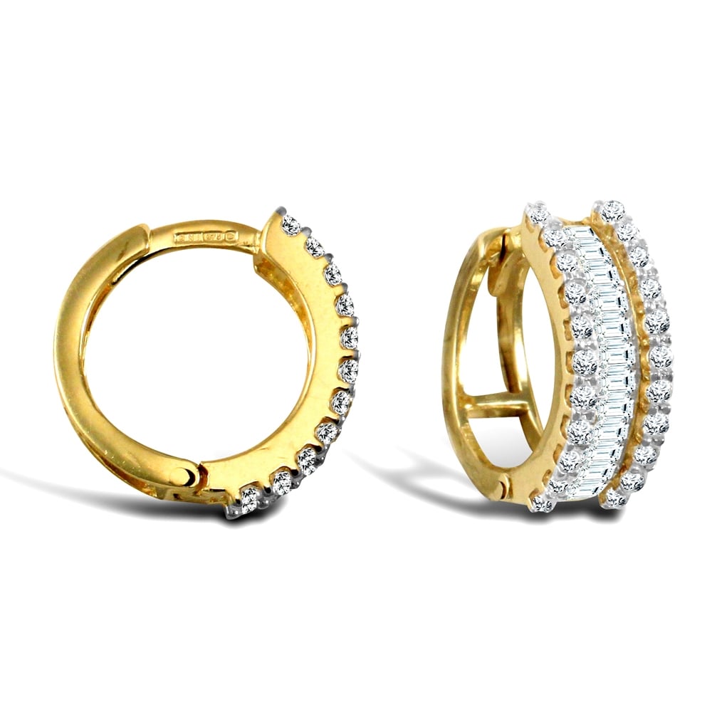 Ladies Solid 9ct Yellow Gold White Round and Baguette Cubic Zirconia Eternity 5.5mm Huggie Hoop Earrings 15mm