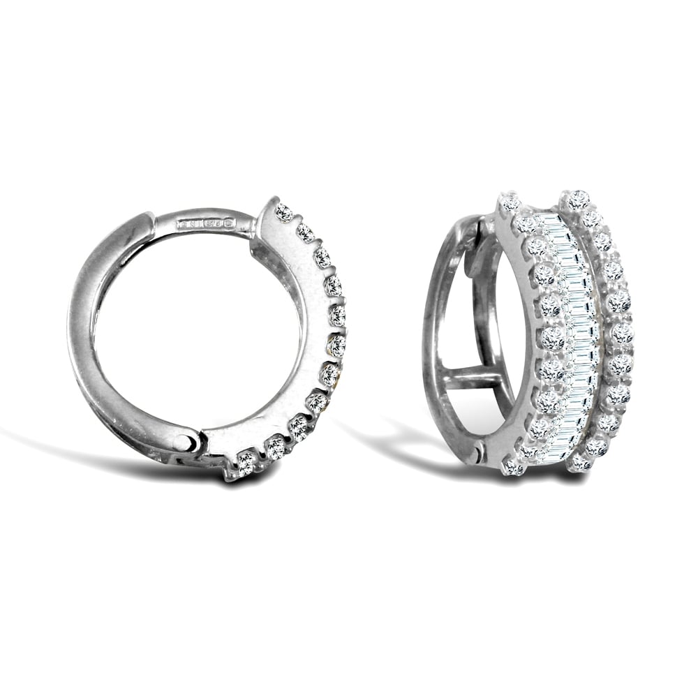 Ladies Solid 9ct White Gold White Round and Baguette Cubic Zirconia Eternity 5.5mm Huggie Hoop Earrings 15mm