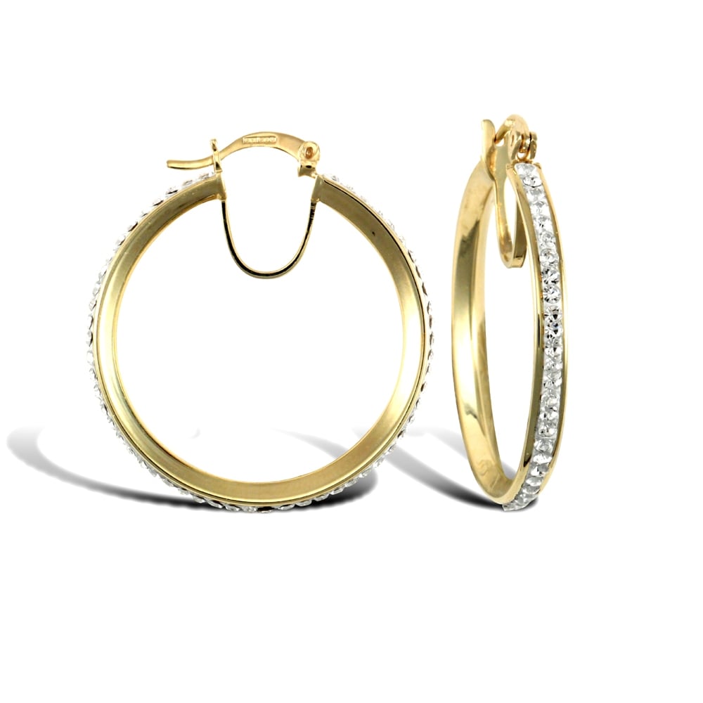 Ladies 9ct Yellow Gold White Round Crystal Eternity 3mm Hoop Earrings 31mm