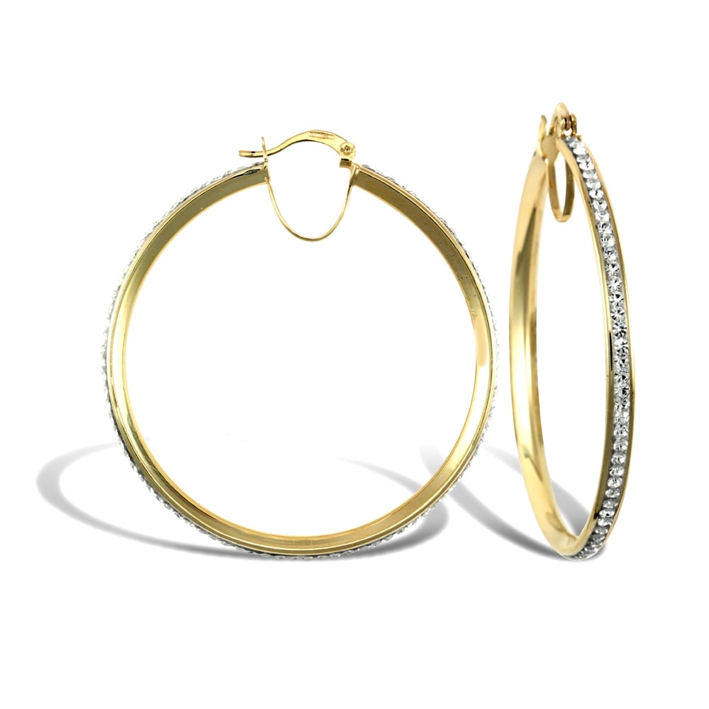 Ladies 9ct Yellow Gold White Round Crystal Eternity 3mm Hoop Earrings 40mm
