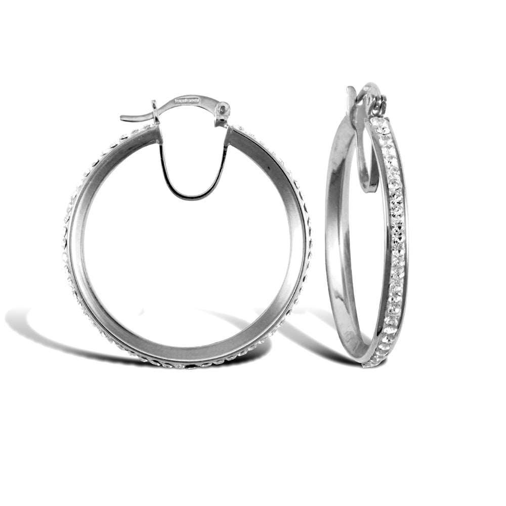 Ladies 9ct White Gold White Round Crystal Eternity 3mm Hoop Earrings 31mm