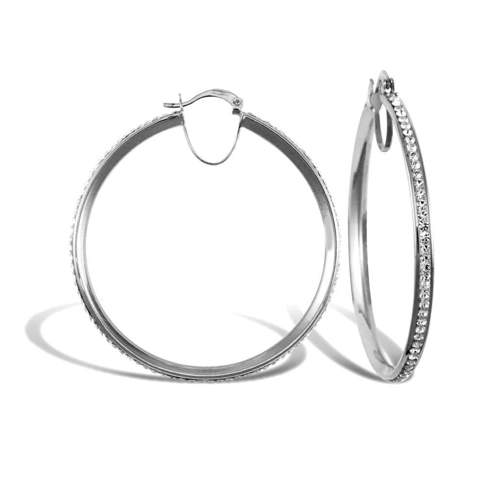 Ladies 9ct White Gold White Round Crystal Eternity 3mm Hoop Earrings 40mm