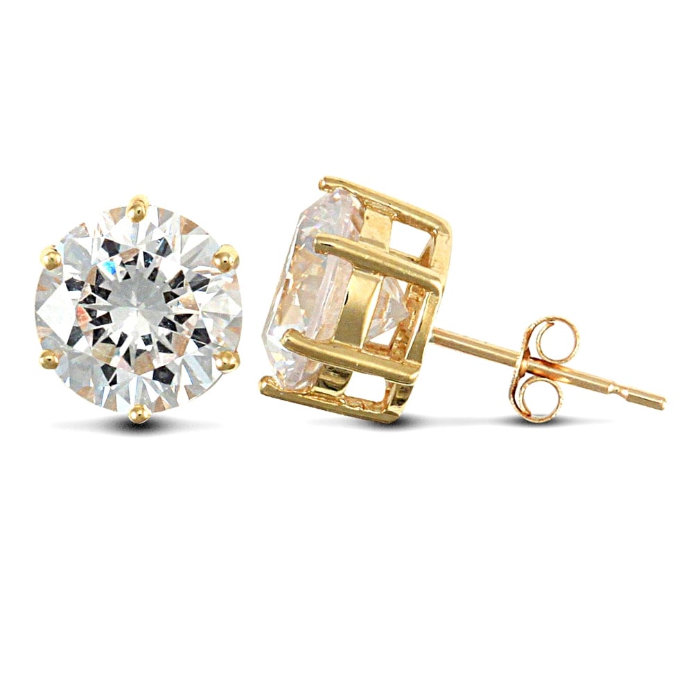 Solid 9ct Yellow Gold White Round Brilliant Cubic Zirconia 6 Claw Heavy Weight Stud Earrings, 8mm