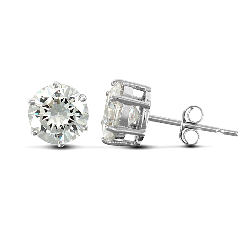 Solid 9ct White Gold White Round Brilliant Cubic Zirconia 6 Claw Heavy Weight Stud Earrings, 8mm