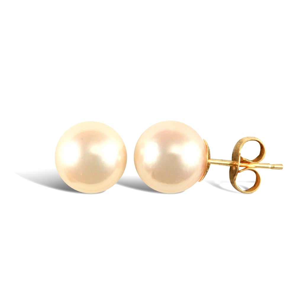 Ladies 9ct Yellow Gold Seawater Cultured Akoya Pearl Full Moon Stud Earrings 8.5-9mm