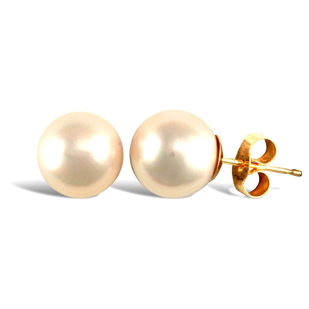 Ladies 9ct Yellow Gold Seawater Cultured Akoya Pearl Full Moon Stud Earrings 9-9.5mm
