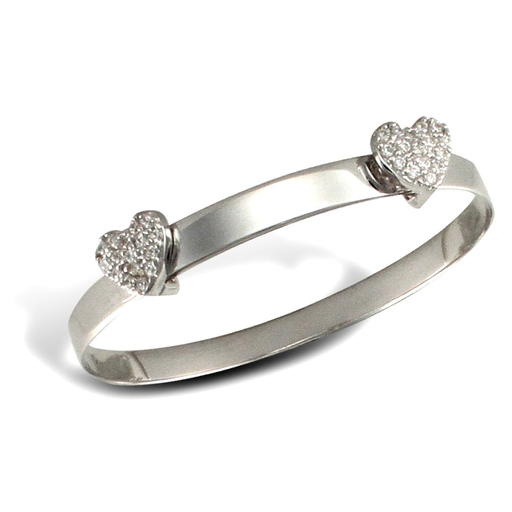 Kids Solid 9ct White Gold White Round Brilliant Cubic Zirconia Love Hearts Expanding Bangle Bracelet