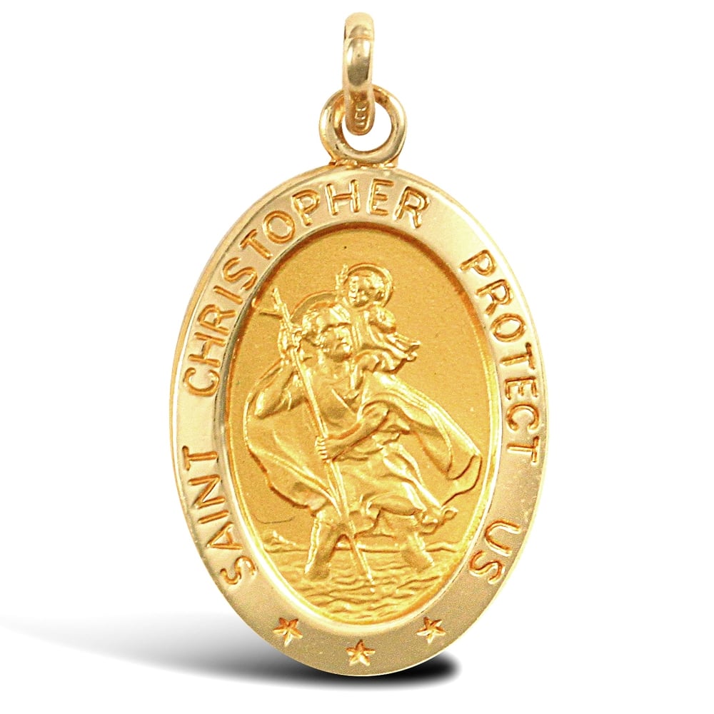 Solid 9ct Yellow Gold Matte Oval St Christopher Medallion Pendant