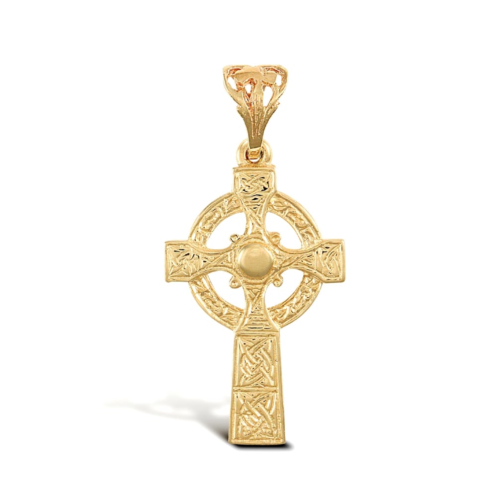 Solid 9ct Yellow Gold Celtic Halo Cross Pendant