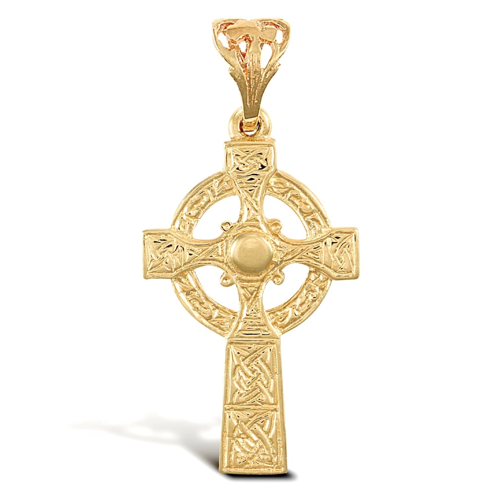 Solid 9ct Yellow Gold Celtic Halo Cross Pendant