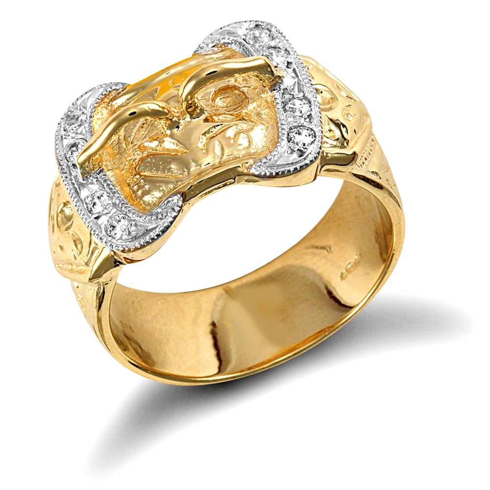 Men's Solid 9ct Yellow Gold White Round Brilliant Cubic Zirconia Double Buckle Ring