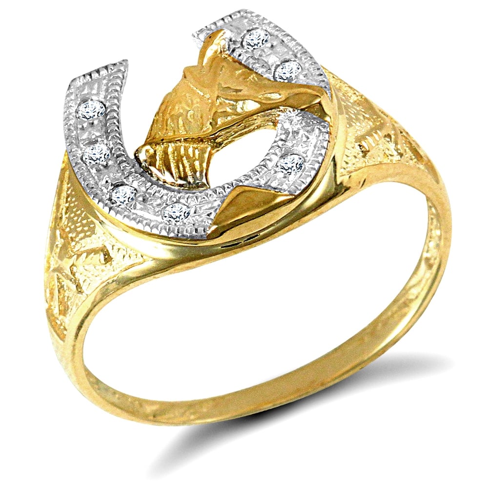 Men's Solid 9ct Yellow Gold White Round Brilliant Cubic Zirconia Horse Head Horseshoe Ring