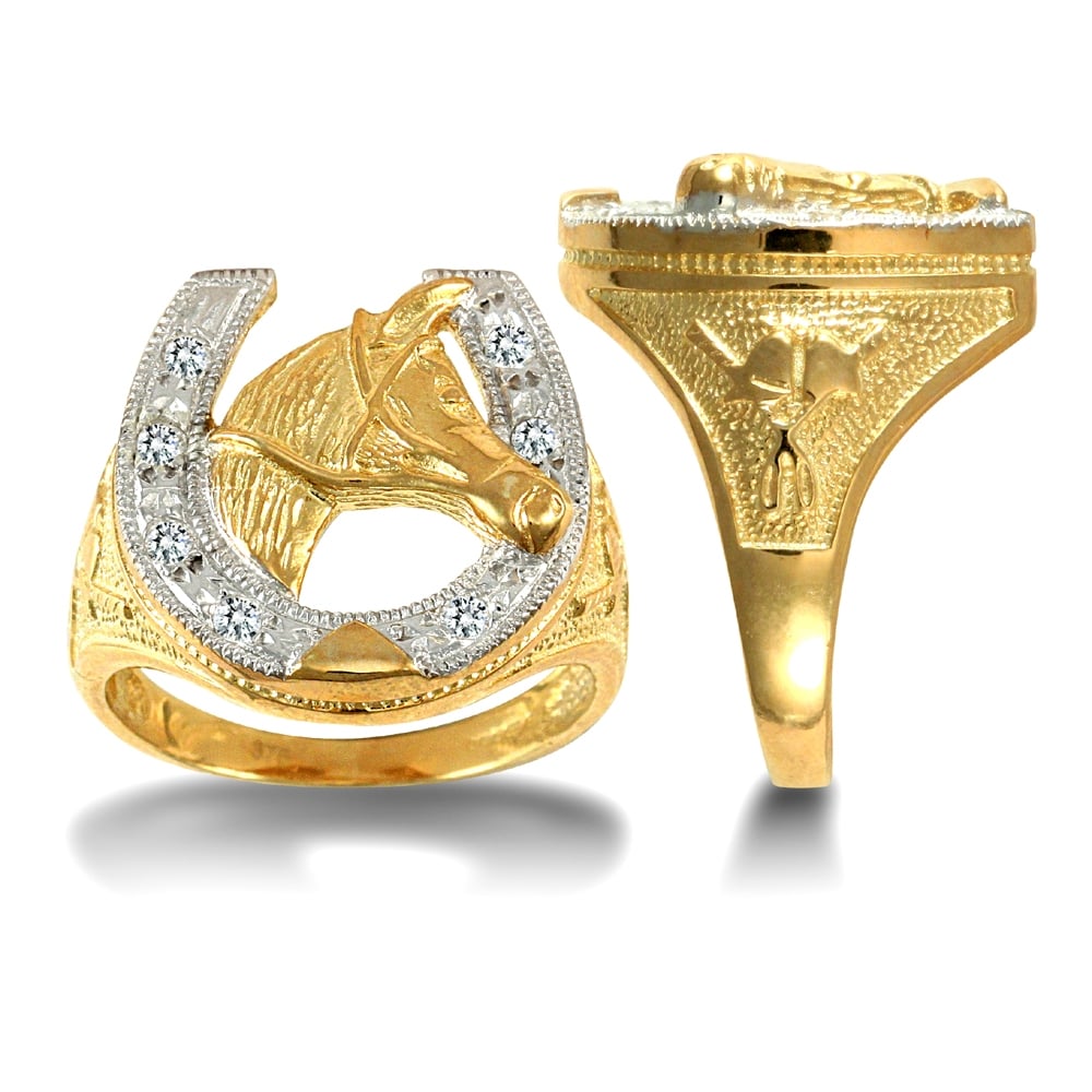 Men's Solid 9ct Yellow Gold White Round Brilliant Cubic Zirconia Horse Head Horseshoe Ring