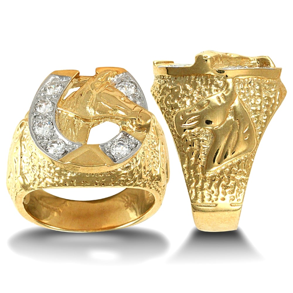 Men's Solid 9ct Yellow Gold White Round Brilliant Cubic Zirconia Horse Head Horseshoe Ring