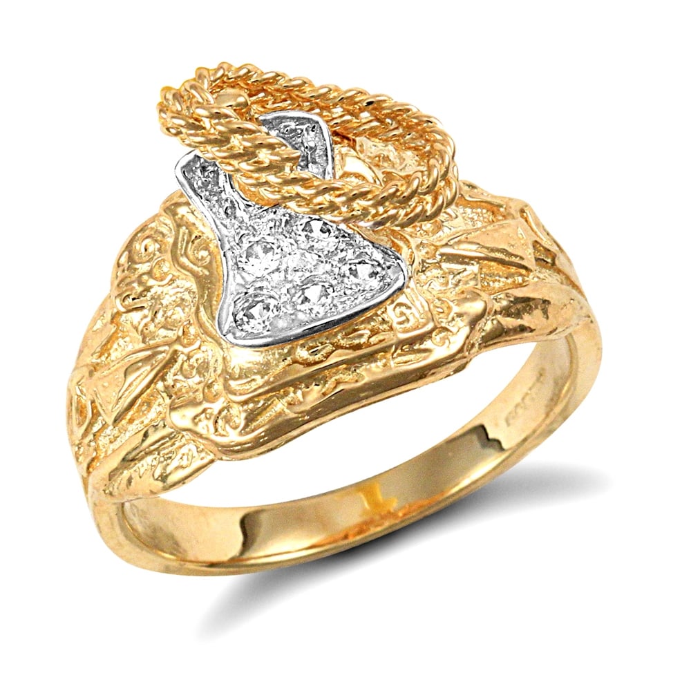 Men's Solid 9ct Yellow Gold White Round Brilliant Cubic Zirconia Horse Saddle Rope Ring