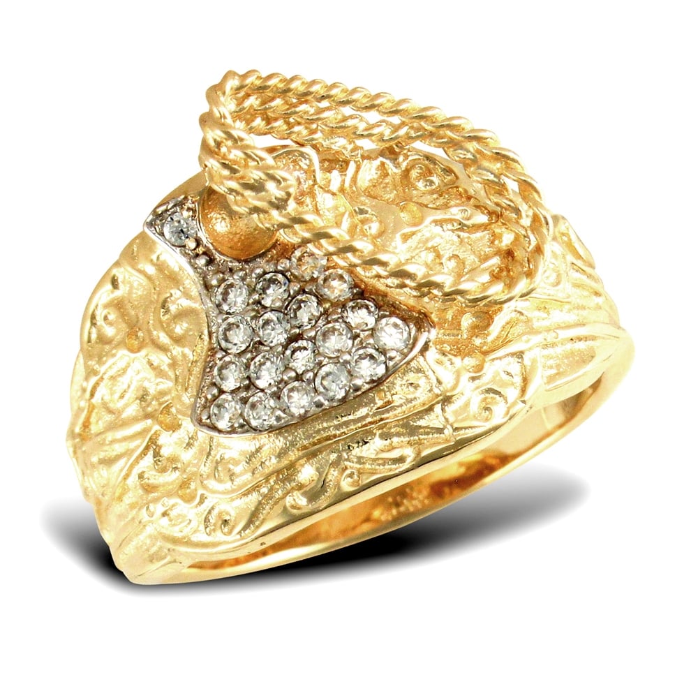 Men's Solid 9ct Yellow Gold White Round Brilliant Cubic Zirconia Horse Saddle Rope Ring