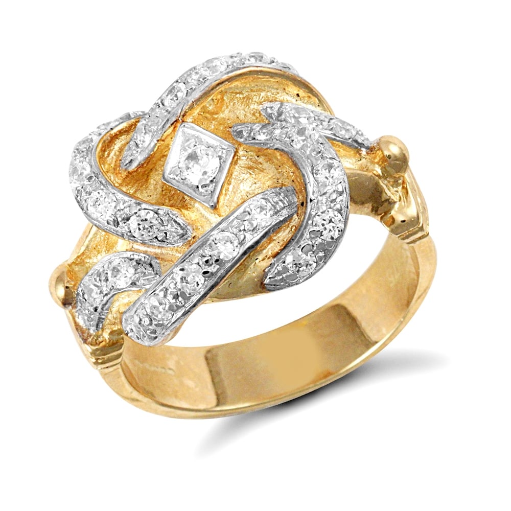 Men's Solid 9ct Yellow Gold White Round Brilliant Cubic Zirconia Double Knot Ring