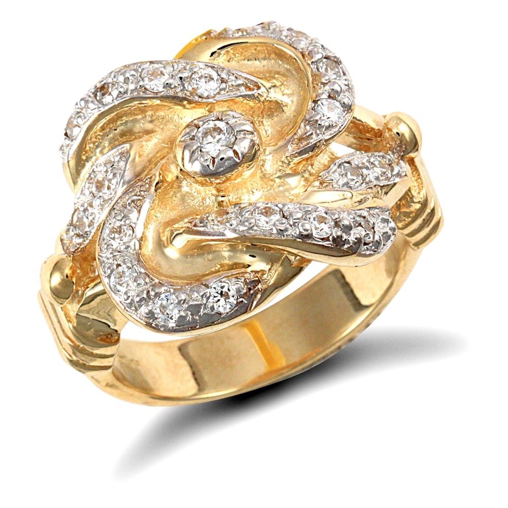 Men's Solid 9ct Yellow Gold White Round Brilliant Cubic Zirconia Double Knot Ring