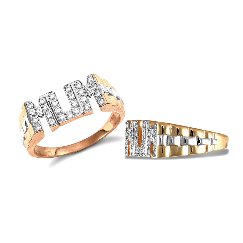 Ladies Solid 9ct Yellow Gold White Round Brilliant Cubic Zirconia Brick Link Sides Pave MUM Ring