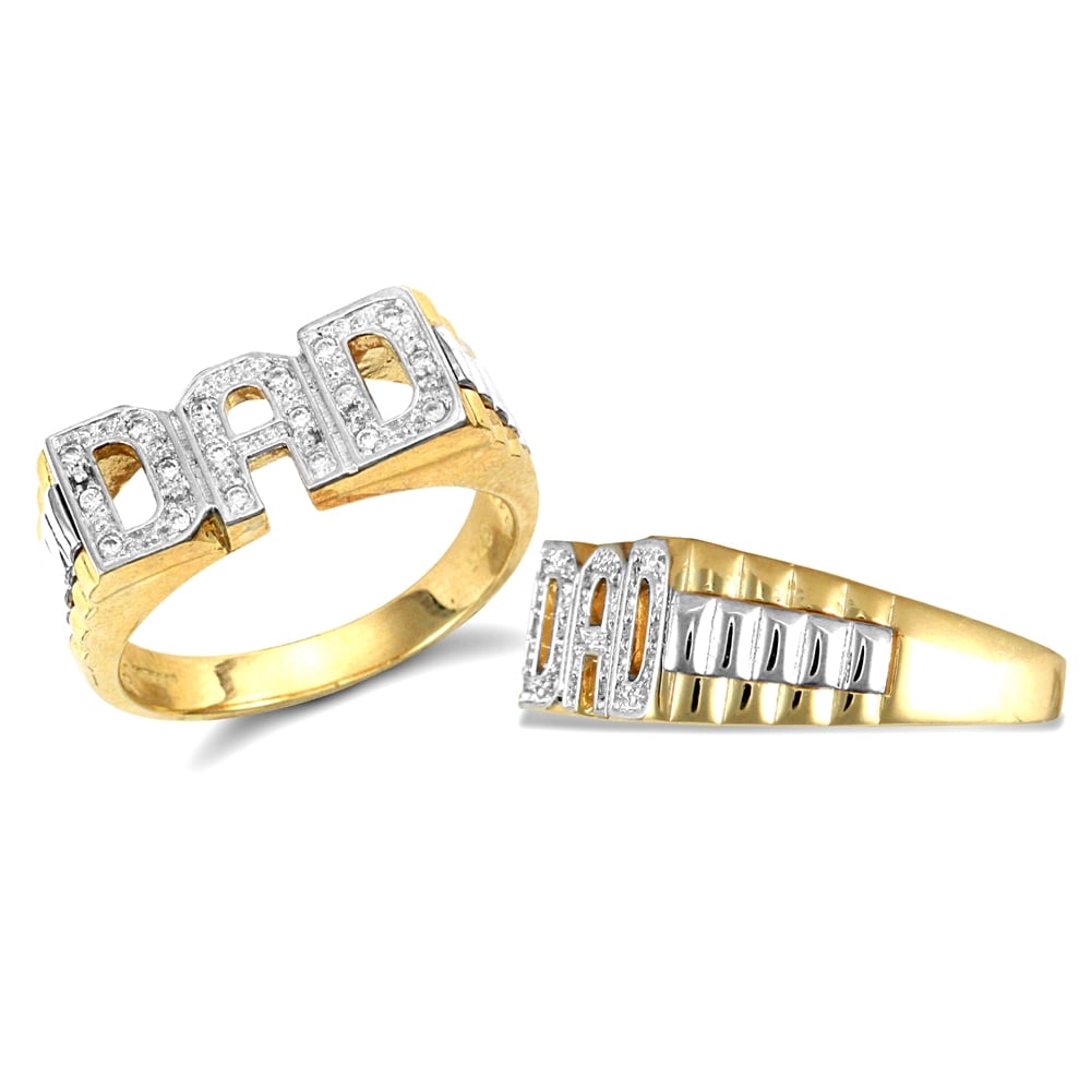 Men's Solid 9ct Yellow Gold White Round Brilliant Cubic Zirconia Brick Link Sides DAD Ring