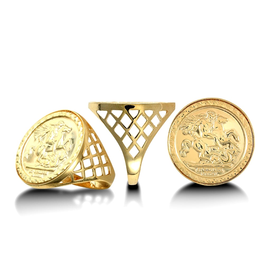 Men's Solid 9ct Yellow Gold St George Dragon Slayer Basket Half-Sovereign-Size Ring