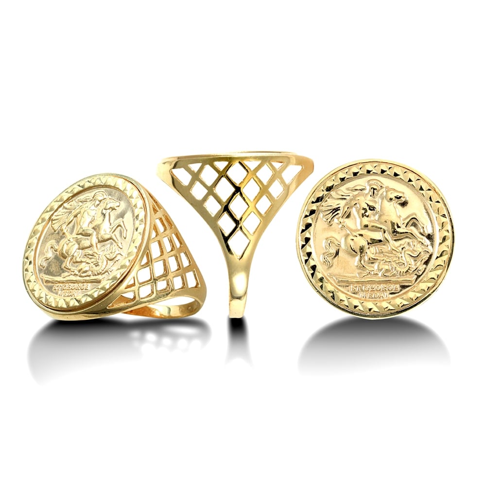 Men's Solid 9ct Yellow Gold St George Dragon Slayer Basket Full-Sovereign-Size Ring
