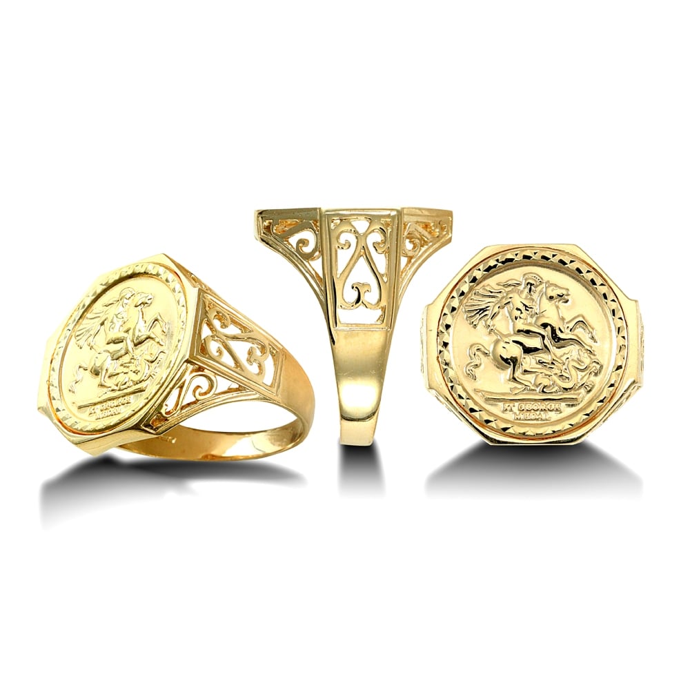 Men's Solid 9ct Yellow Gold St George Dragon Slayer Octagon Half-Sovereign-Size Ring