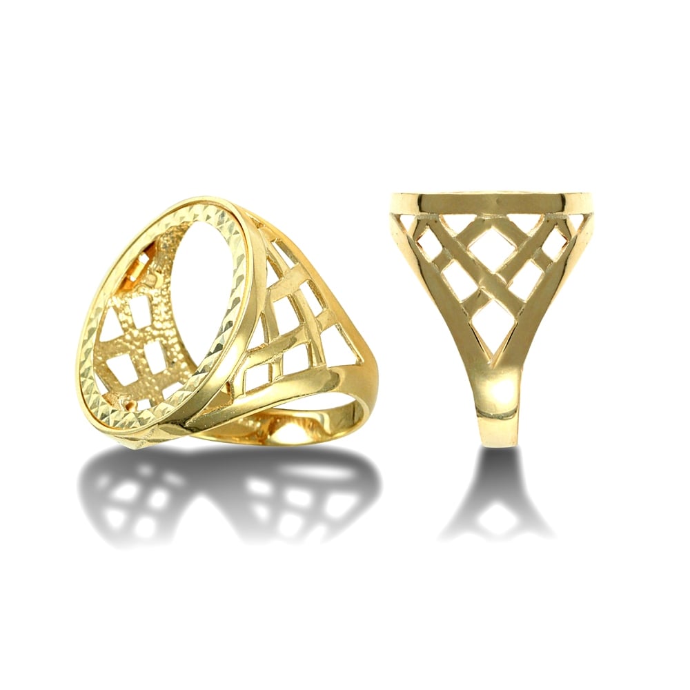 Men's Solid 9ct Yellow Gold Thick Basket Full Sovereign Mount Ring