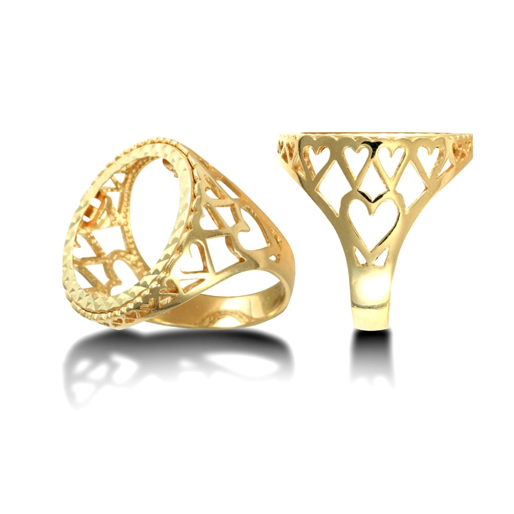 Men's Solid 9ct Yellow Gold Love Hearts Full Sovereign Mount Ring