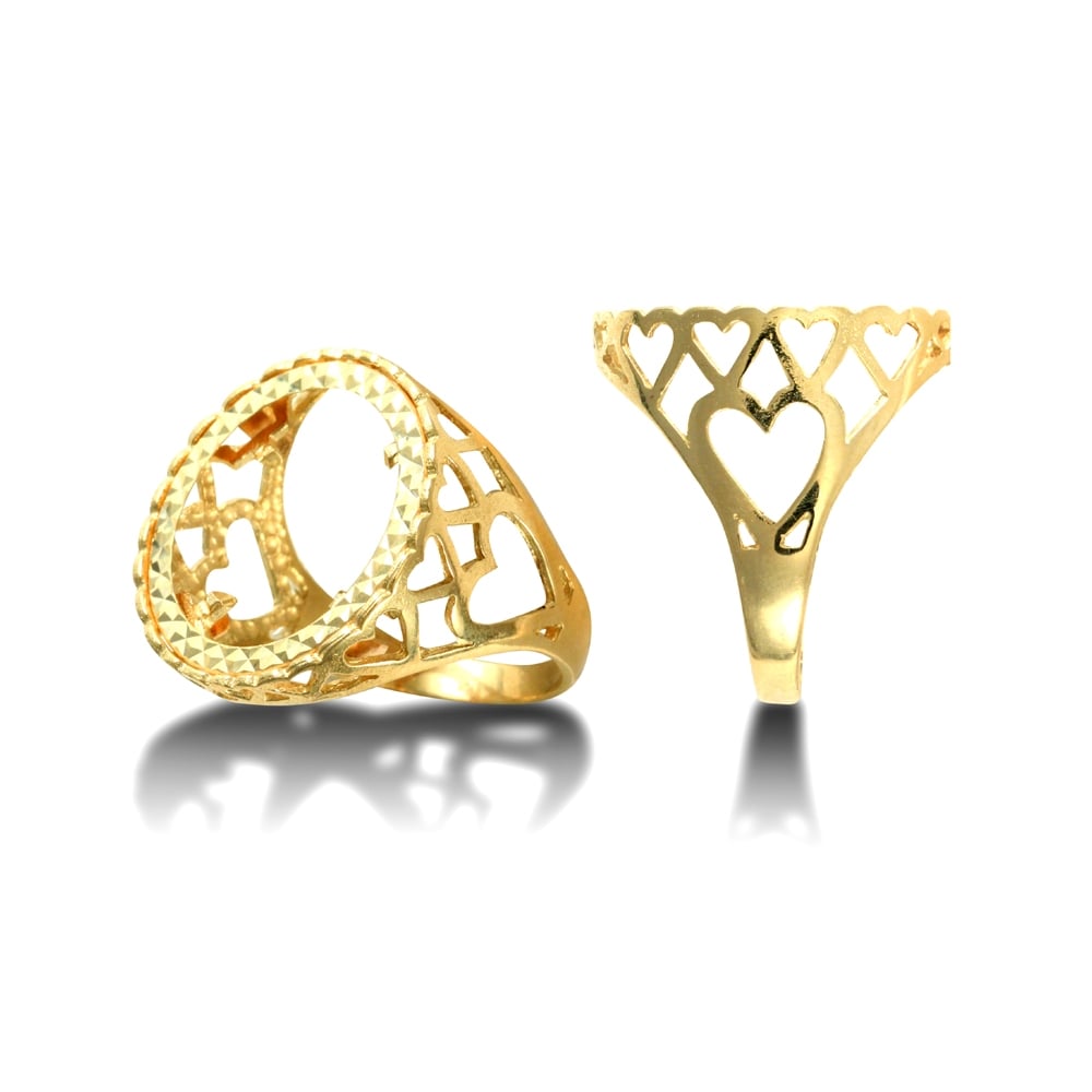 Men's Solid 9ct Yellow Gold Love Hearts Half Sovereign Mount Ring