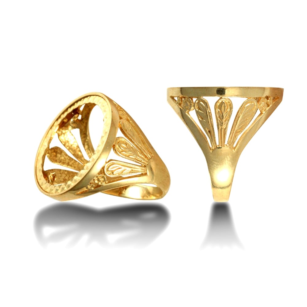 Men's Solid 9ct Yellow Gold Welsh Feather Full Sovereign Mount Ring