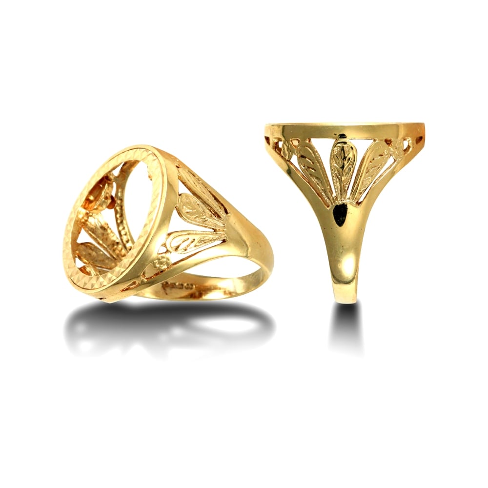 Men's Solid 9ct Yellow Gold Welsh Feather Half Sovereign Mount Ring