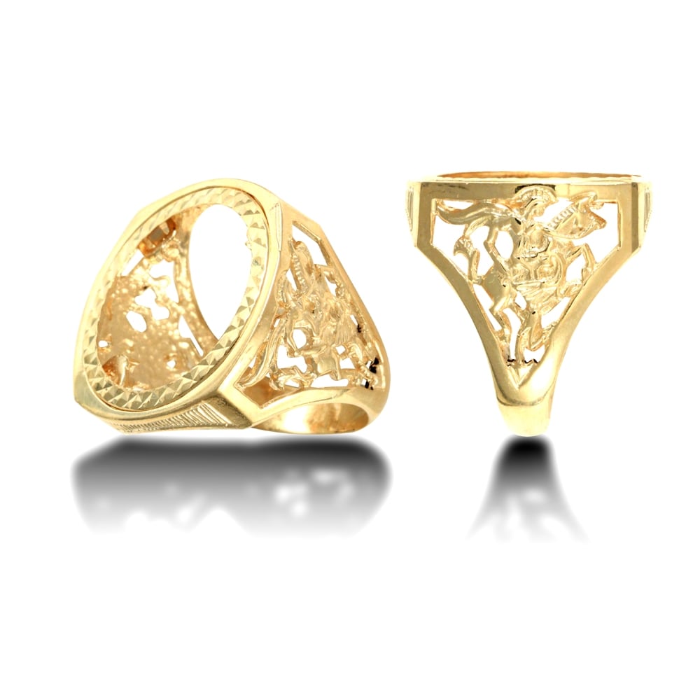 Men's Solid 9ct Yellow Gold St George Dragon Slayer Full Sovereign Mount Ring