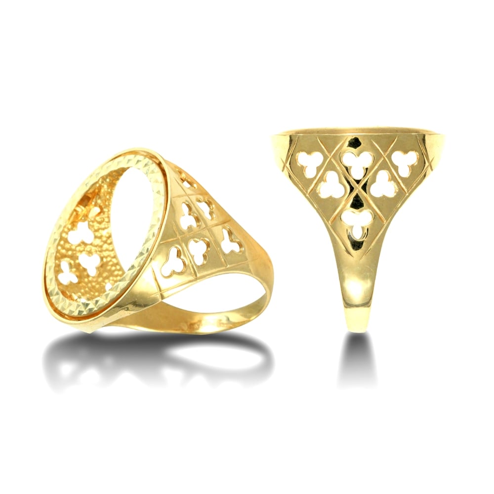 Men's Solid 9ct Yellow Gold Clubs Clovers Full Sovereign Mount Ring