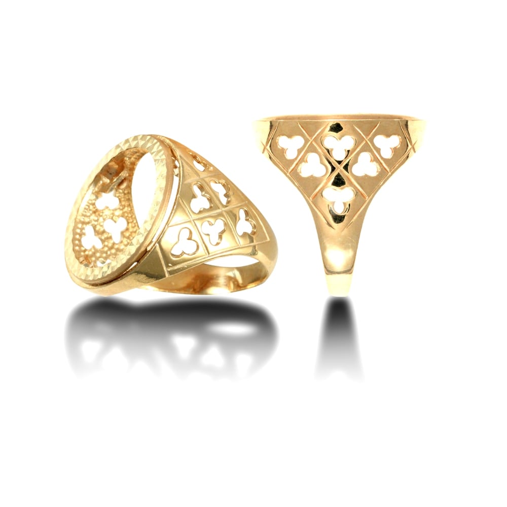 Men's Solid 9ct Yellow Gold Clubs Clovers Half Sovereign Mount Ring