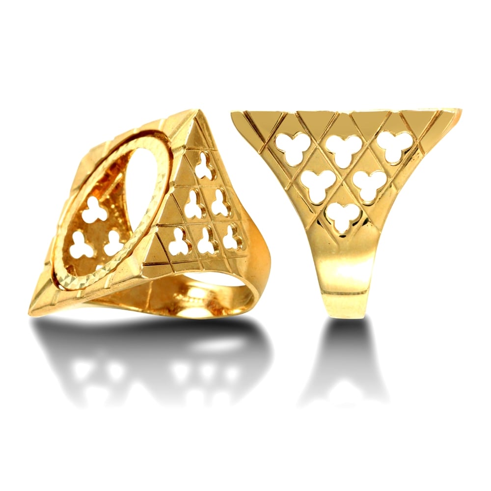 Men's Solid 9ct Yellow Gold Clubs Clovers Square Top Full Sovereign Mount Ring