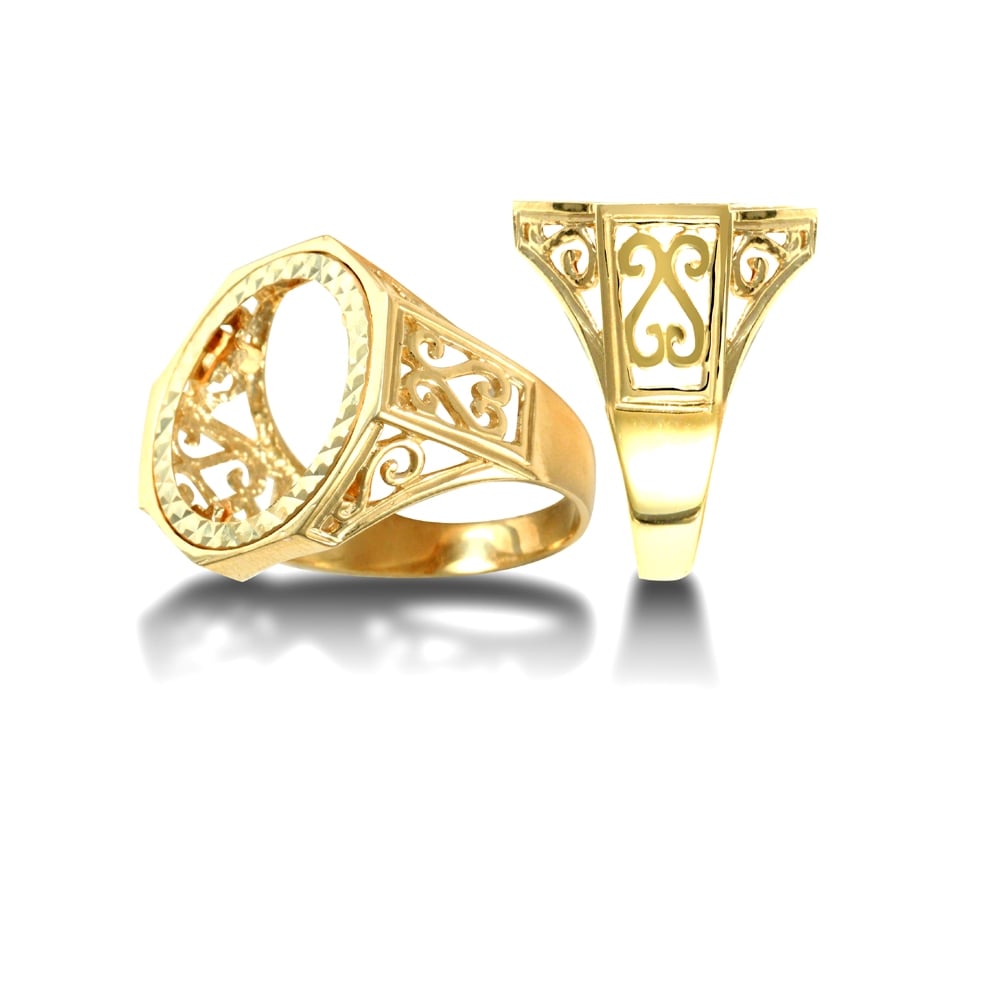 Men's Solid 9ct Yellow Gold Octagon Scroll Half Sovereign Mount Ring