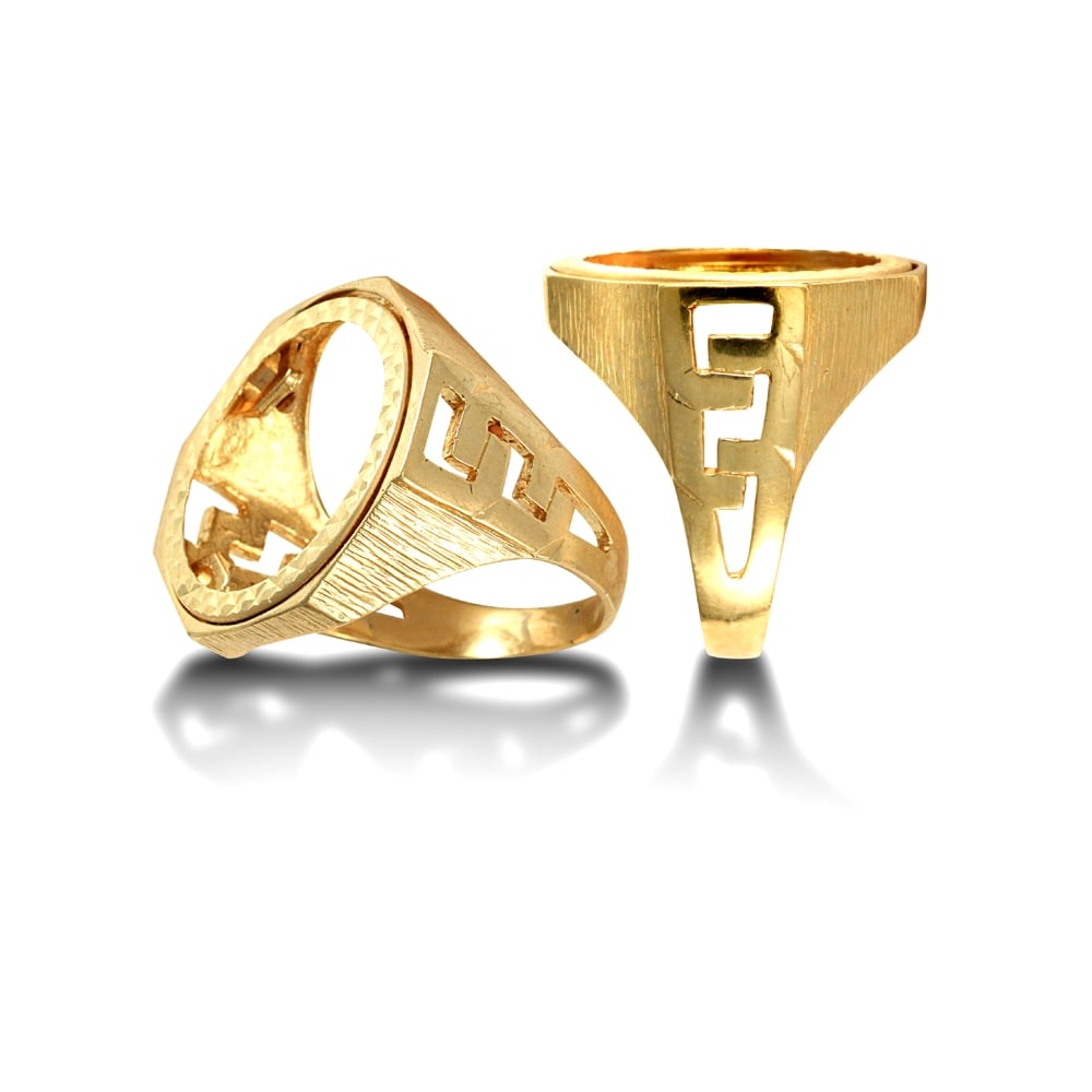 Men's Solid 9ct Yellow Gold Curb Links Octagon Half Sovereign Mount Ring