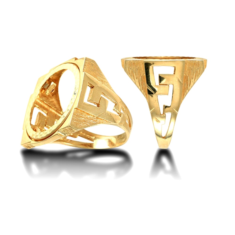 Men's Solid 9ct Yellow Gold Curb Links Square Full Sovereign Mount Ring