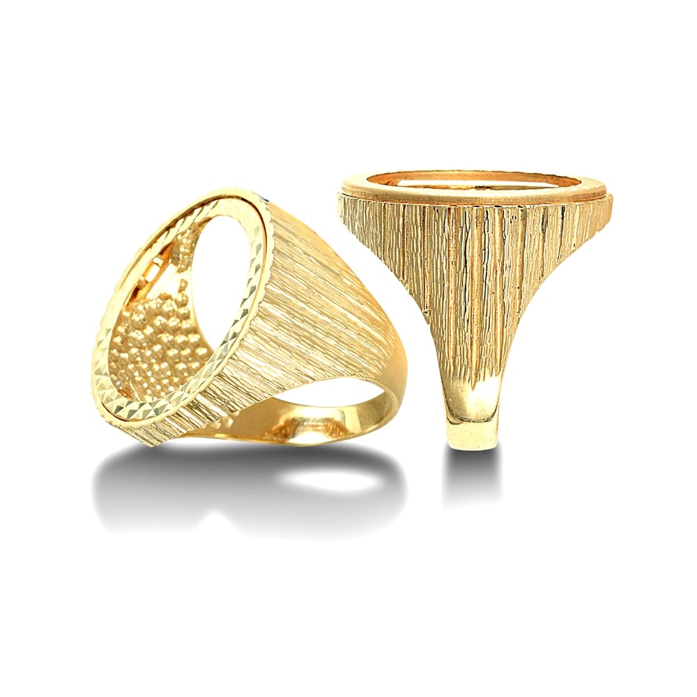 Men's Solid 9ct Yellow Gold Ribbed Barked Full Sovereign Mount Ring