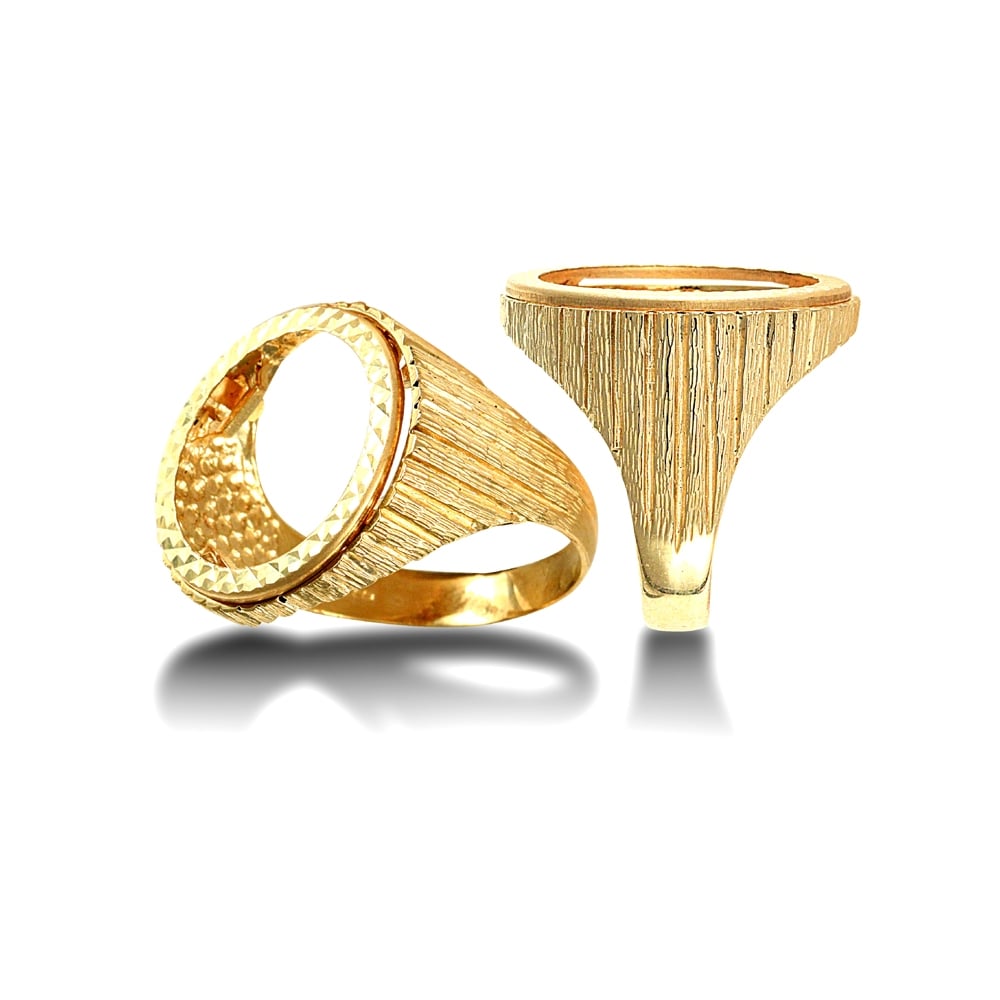 Men's Solid 9ct Yellow Gold Ribbed Barked Half Sovereign Mount Ring