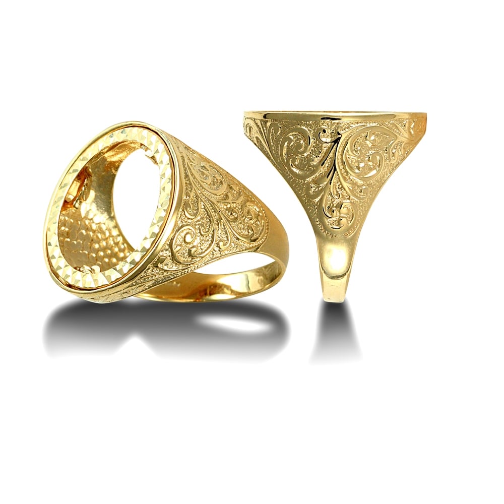 Men's Solid 9ct Yellow Gold Floral Engraved Full Sovereign Mount Ring