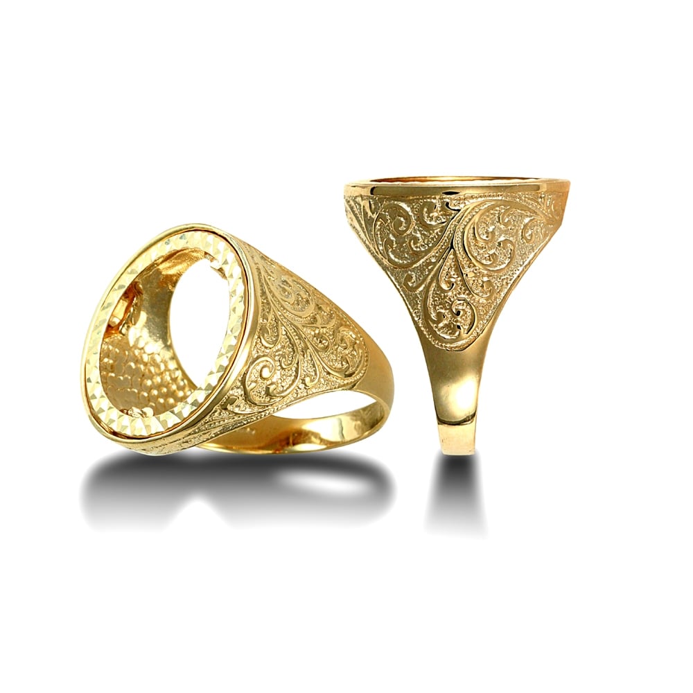 Men's Solid 9ct Yellow Gold Floral Engraved Half Sovereign Mount Ring