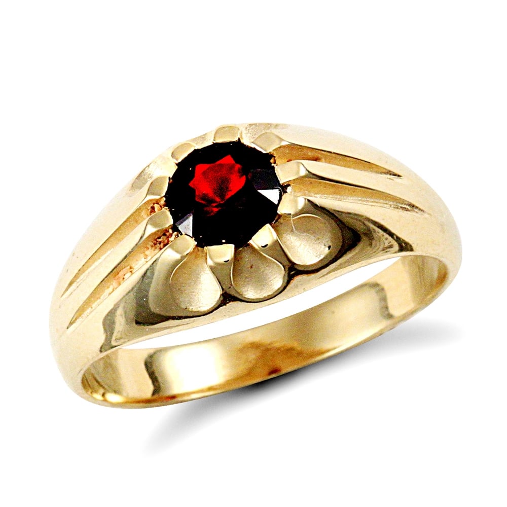 Men's Solid 9ct Yellow Gold Round Brilliant Garnet 10 Claw Solitaire Gypsy Ring