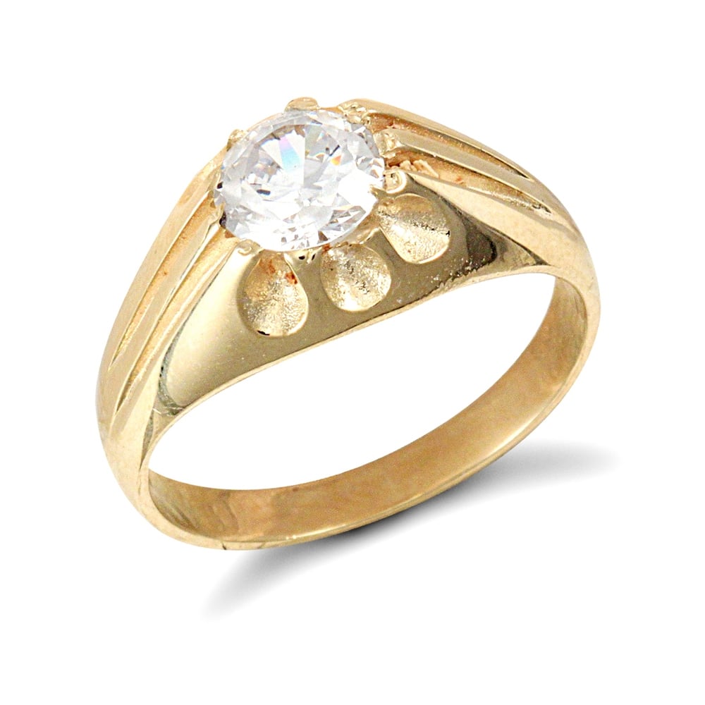 Men's Solid 9ct Yellow Gold White Round Brilliant Cubic Zirconia 10 Claw Solitaire Gypsy Ring