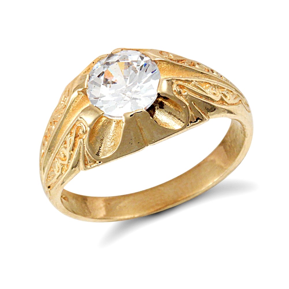 Men's Solid 9ct Yellow Gold White Round Brilliant Cubic Zirconia Solitaire Carved Gypsy Ring