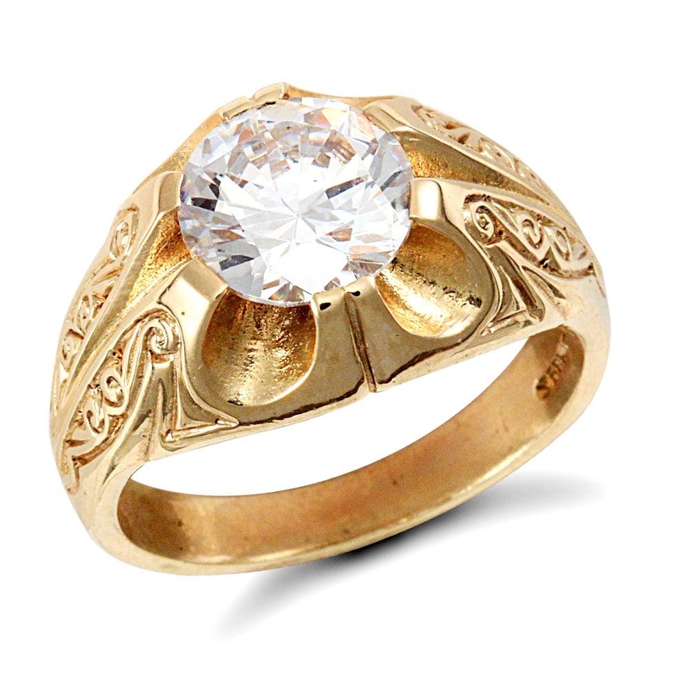 Men's Solid 9ct Yellow Gold White Round Brilliant Cubic Zirconia Solitaire Carved Gypsy Ring