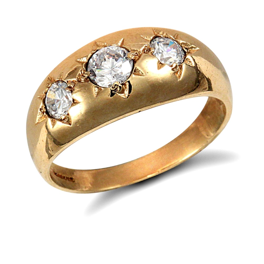 Men's Solid 9ct Yellow Gold White Round Brilliant Cubic Zirconia Star Set 3 Stone Trilogy Gypsy Ring